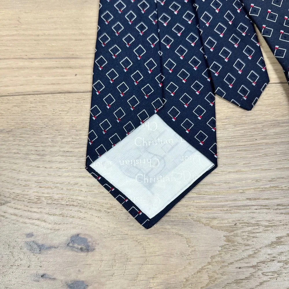 Christian Dior Cravates Tie Navy Blue Silk Geometric Print Vintage Designer